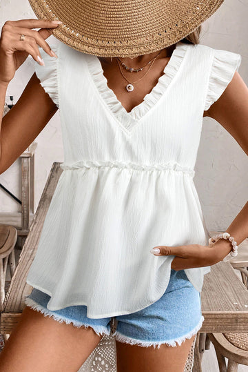 White Textured Ruffled Trim V Neck Flutter Flowy Top eAura