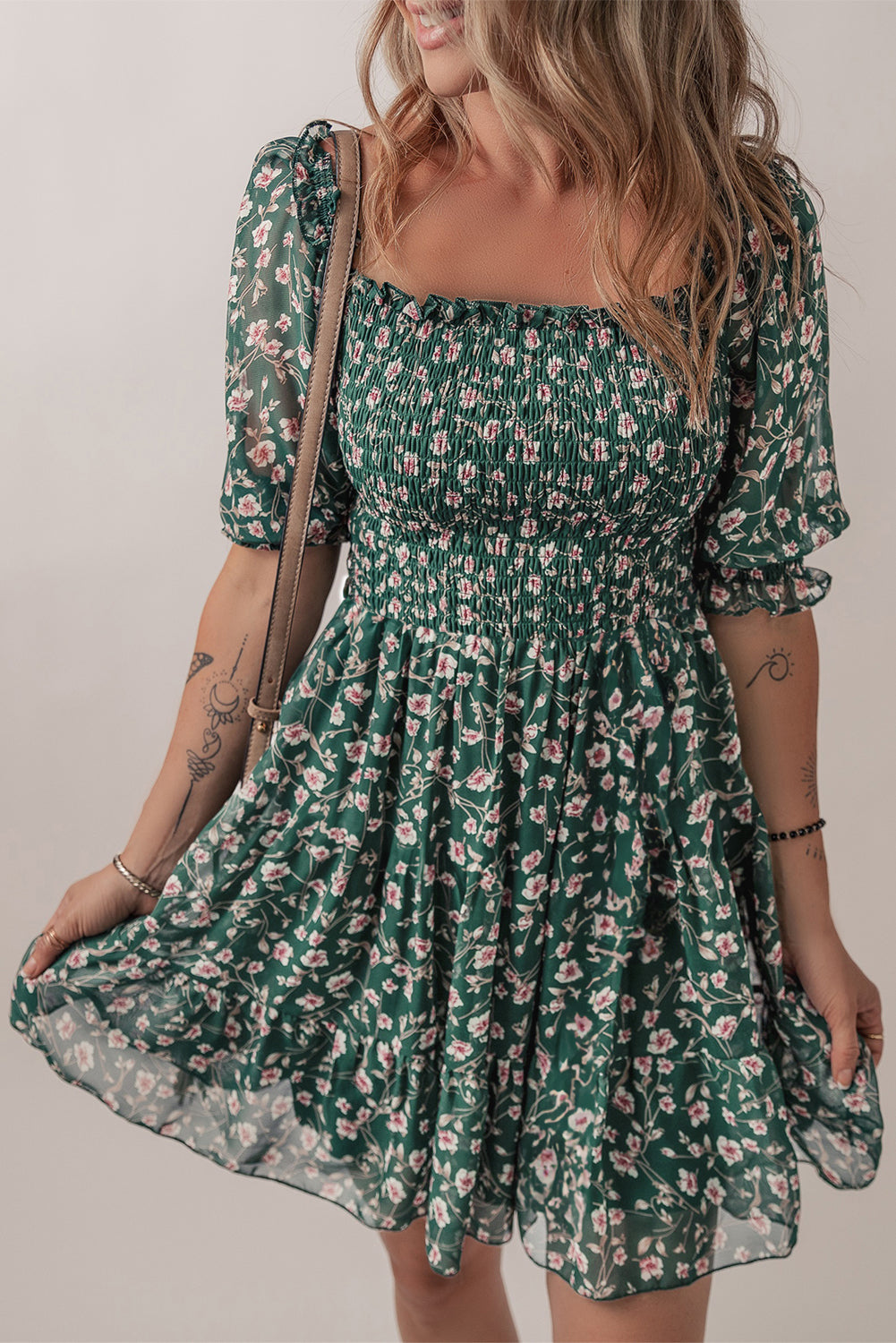 Green Smocked Square Neck Puff Short Sleeve Floral Dress eAura