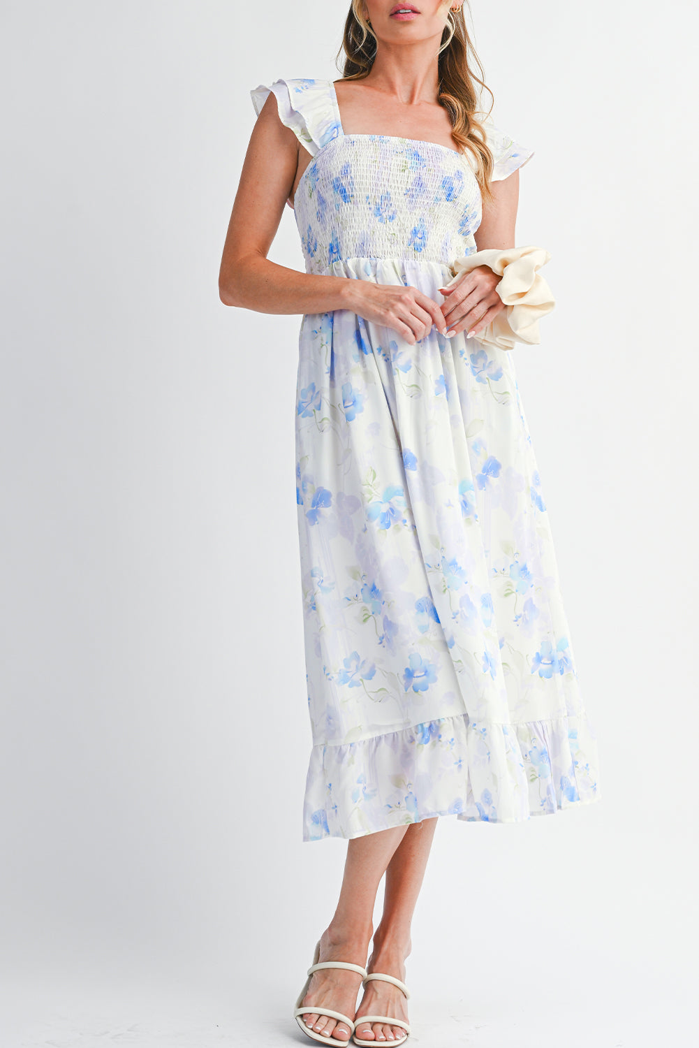 Floral Smocked  Ruffle Sleeveless Long Dress
