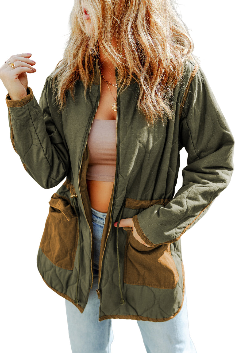 Green Stitching Quilted Drawstring Jacket Beagle Boutique Fashion Outlet