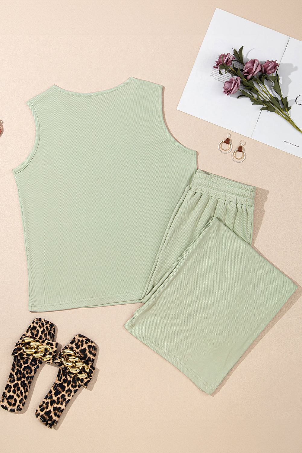 Green Textured Tank Top and Drawstring High Waist Trousers Co-ord Set eAura