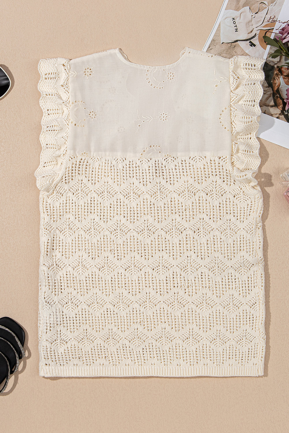 Beige Embroidered Patchwork Hollow Out Knitted Ruffle Top eAura