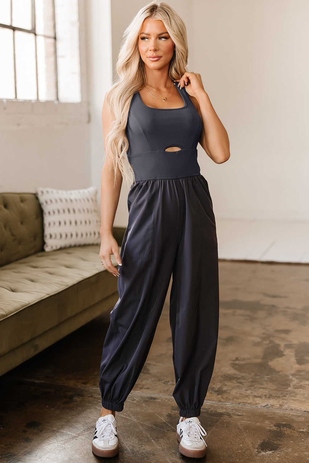 Carbon Grey Back Crossed Straps Hollow Out Jogger Jumpsuit eAura