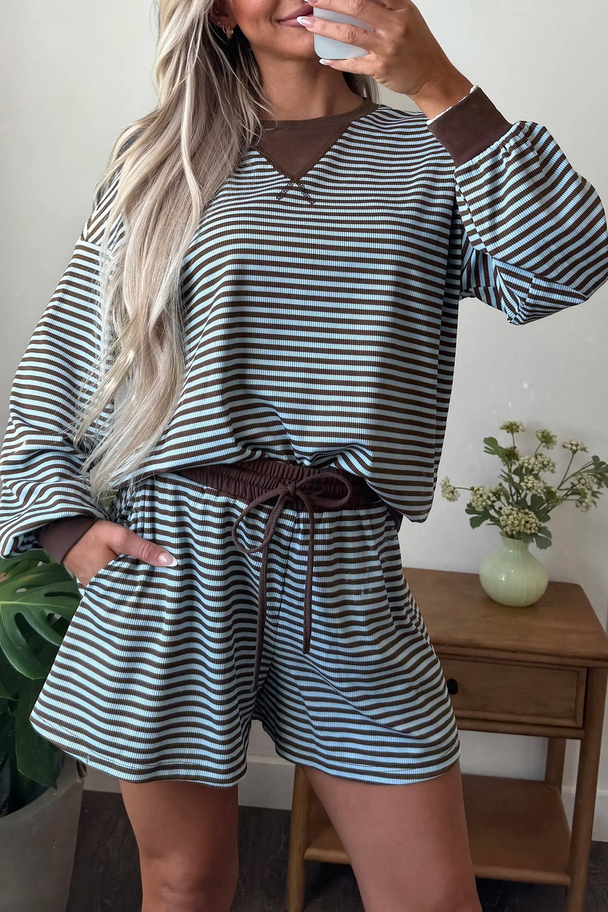 Oversized Long Sleeve Top Drawstring Loose Shorts 2pcs Set – Brown Stripe