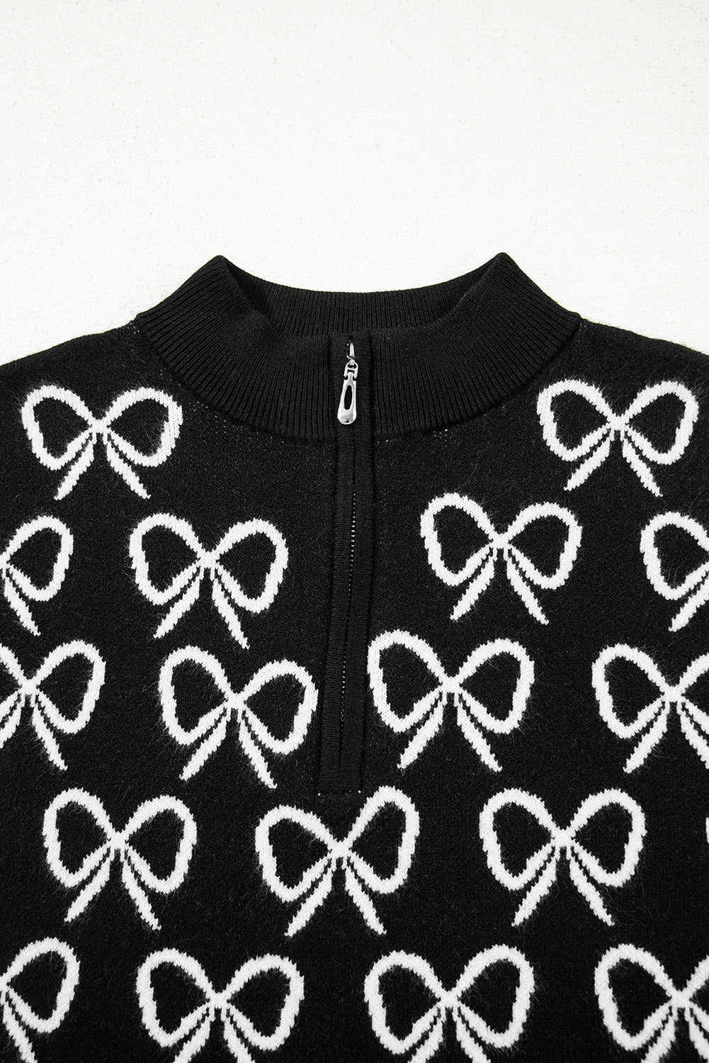 Bow Pattern Drop Shoulder Zipped Collar Sweater - eAura