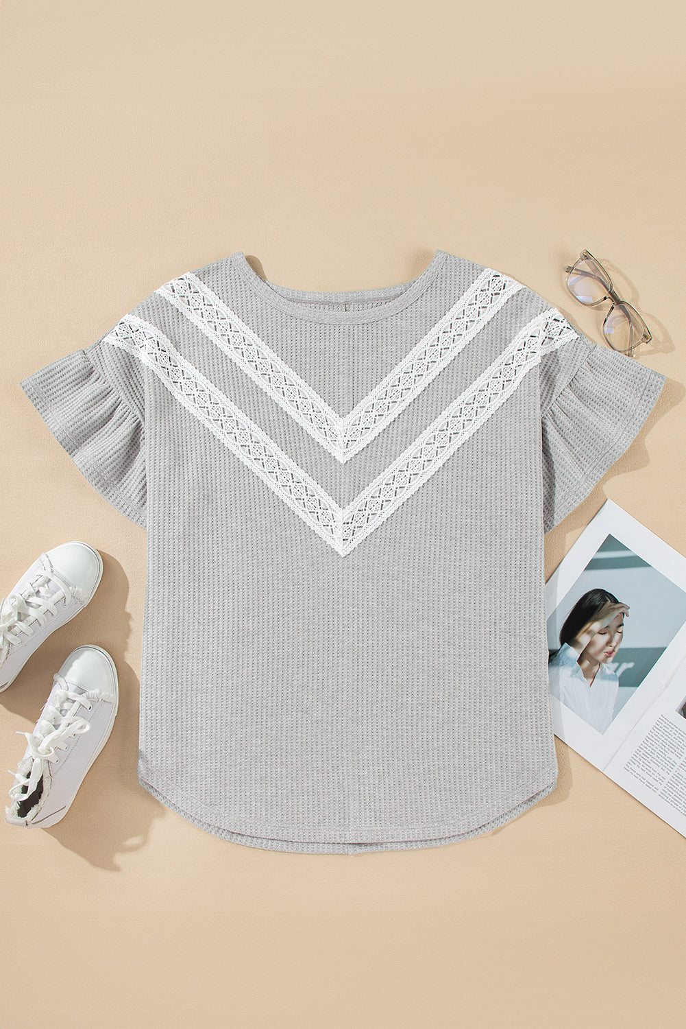Light Grey Lace Insert Waffle Ruffle Short Sleeve Plus Size Top BB Fashion Outlet