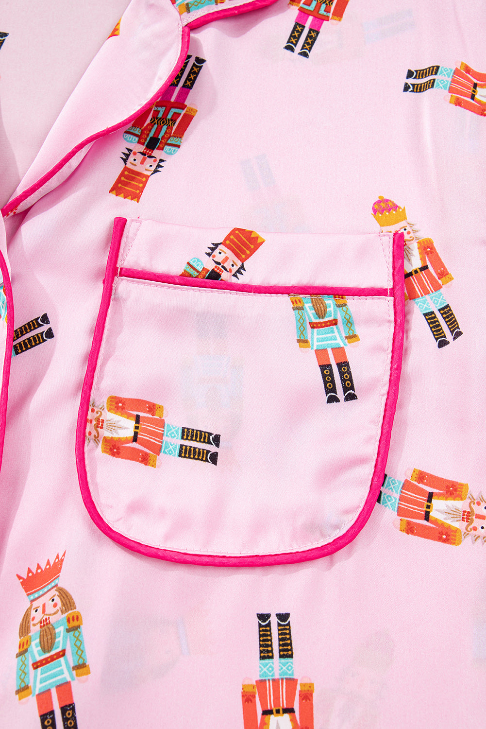 Nutcracker Print Contrast Trim Tied up Bow Silky 2pcs Pajama Set - eAura