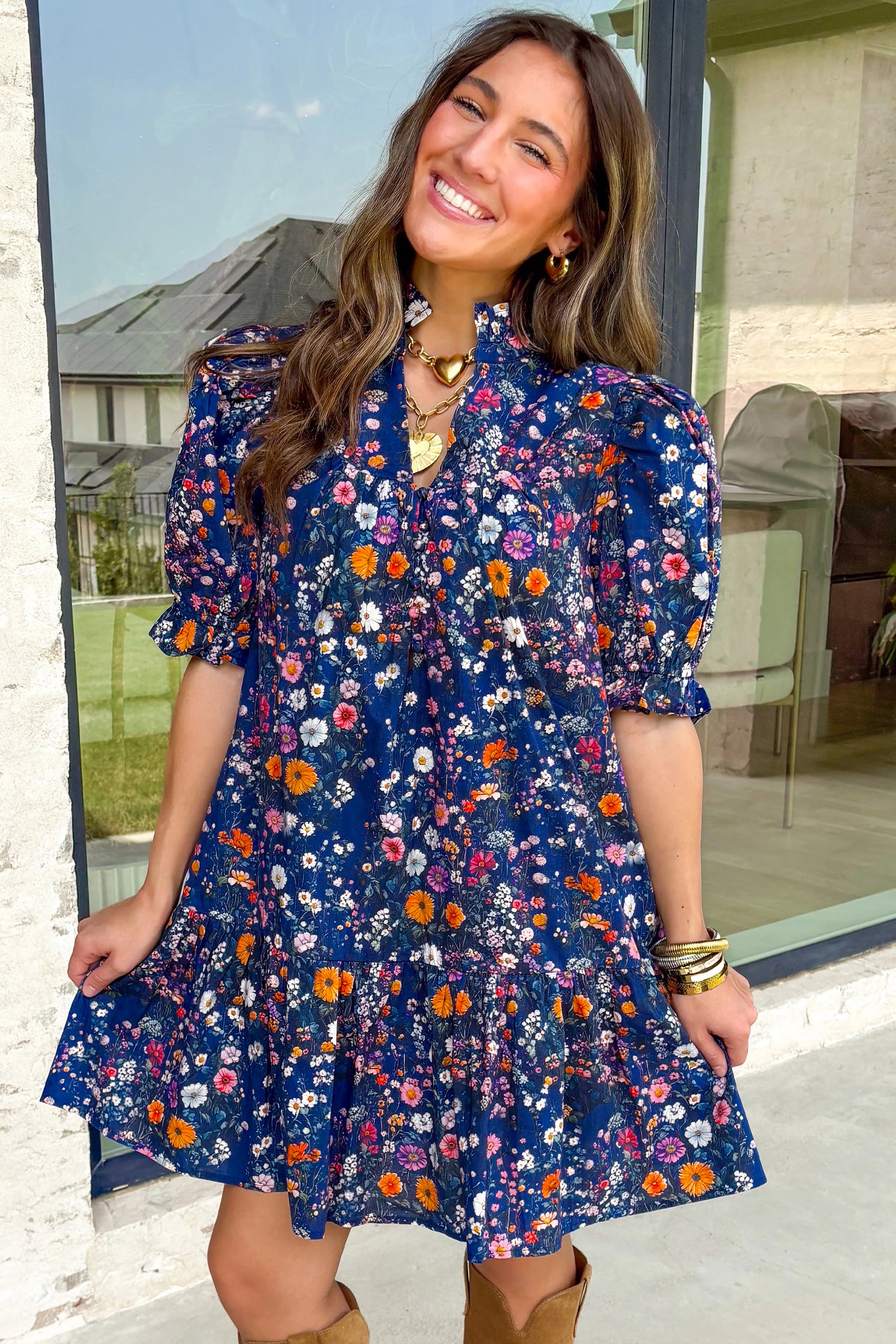 Wild Daisy Floral Split Neck Short Puff Sleeve Mini Dress