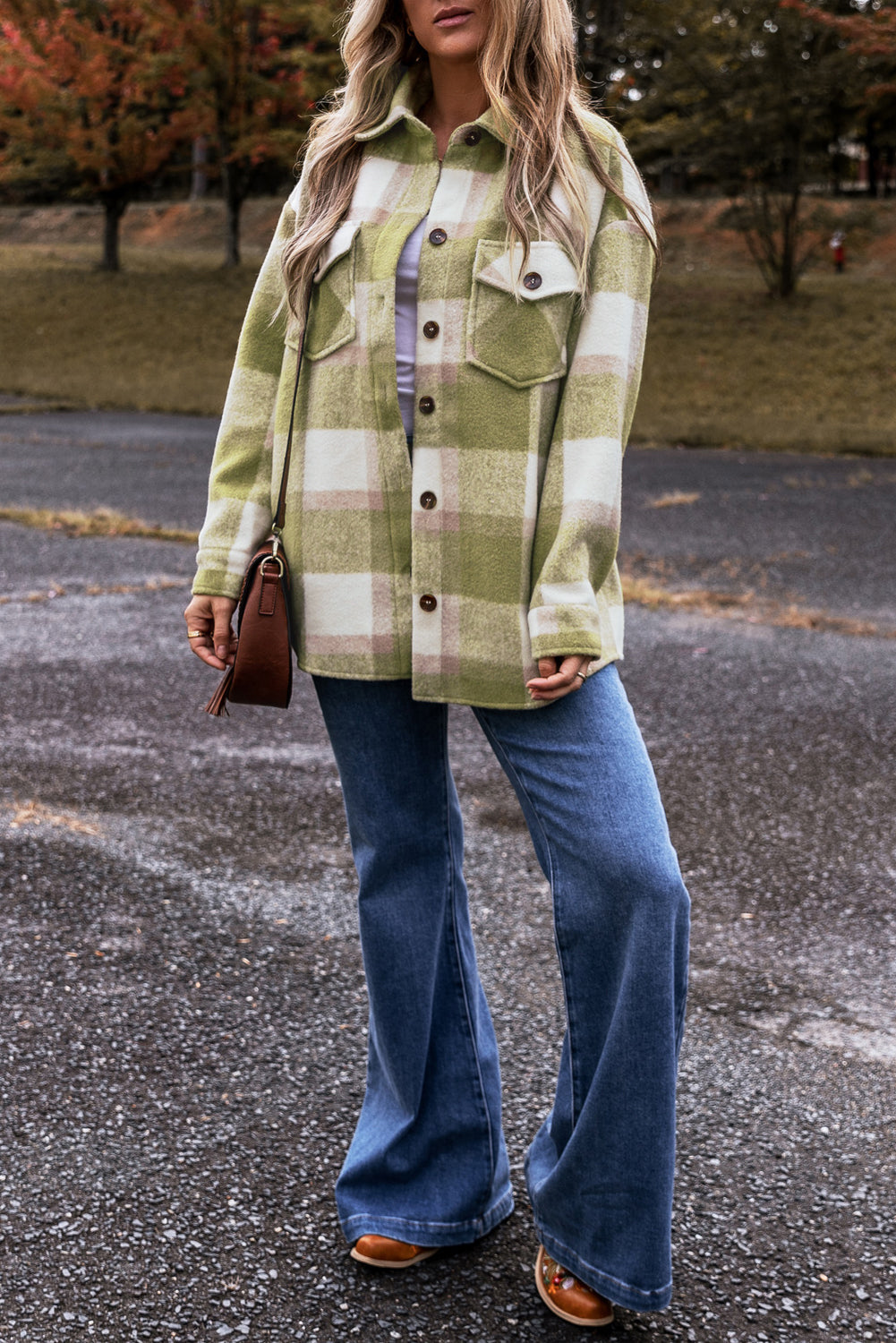 Sage Green Plaid Print Buttoned Flap Pockets Baggy Shacket Beagle Boutique Fashion Outlet