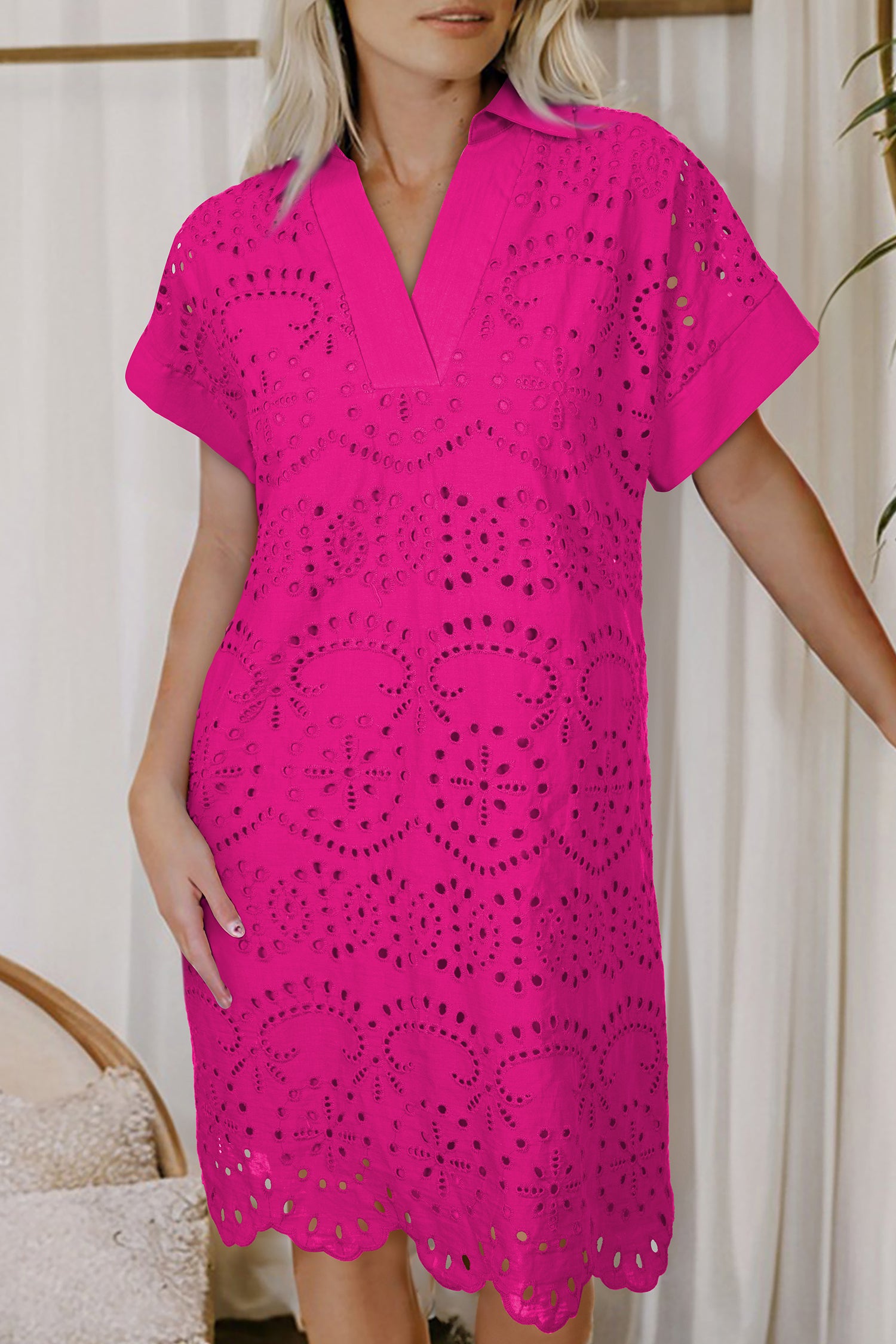 Solid Color Eyelet Embroidered T Shirt Mini Dress – Rose Red