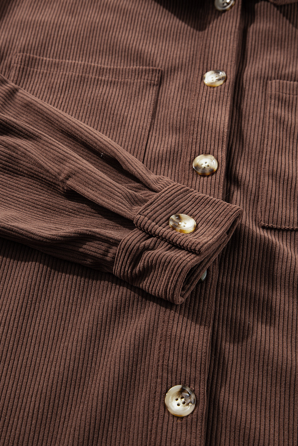 Coffee Hooded Drawstring Pockets Corduroy Shacket eAura