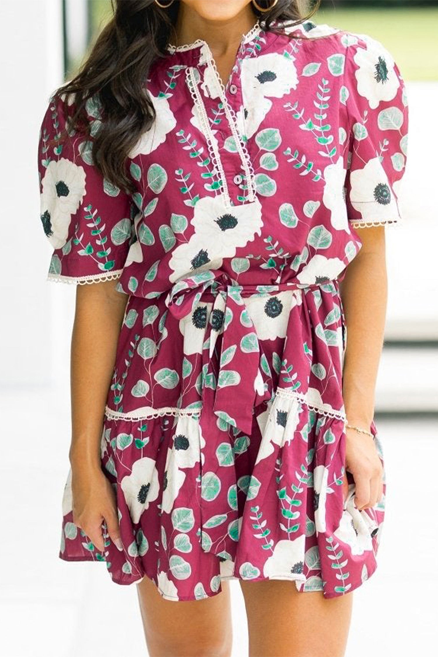 Floral Print Trimmed Short Puff Sleeve Mini Dress with Belt