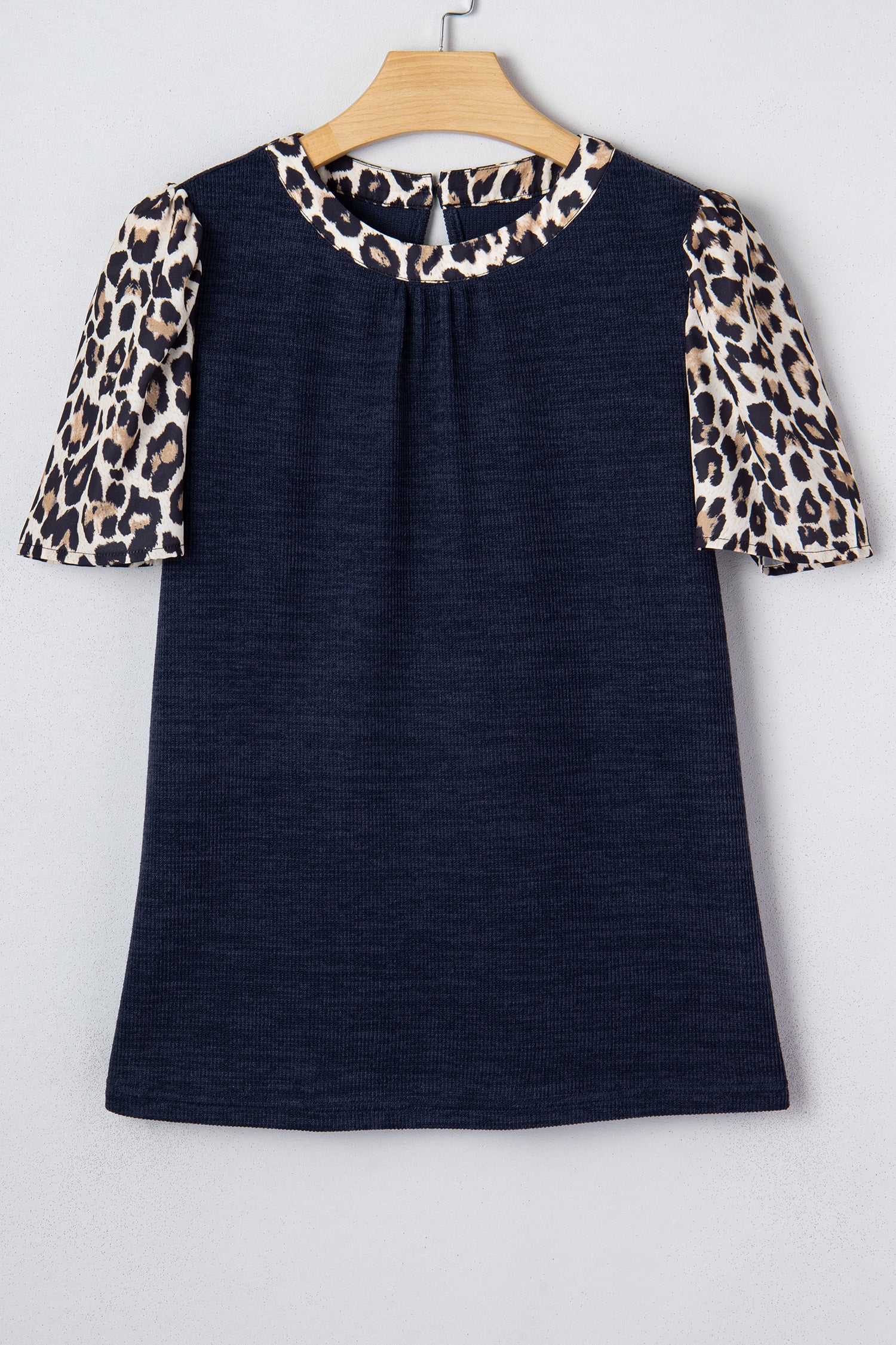 Contrast Leopard Short Sleeve Ribbed Top - Tops/Tops & Tees
