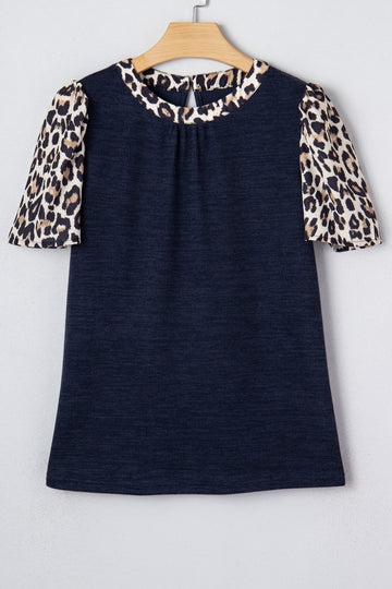 Contrast Leopard Short Sleeve Ribbed Top - Tops/Tops & Tees