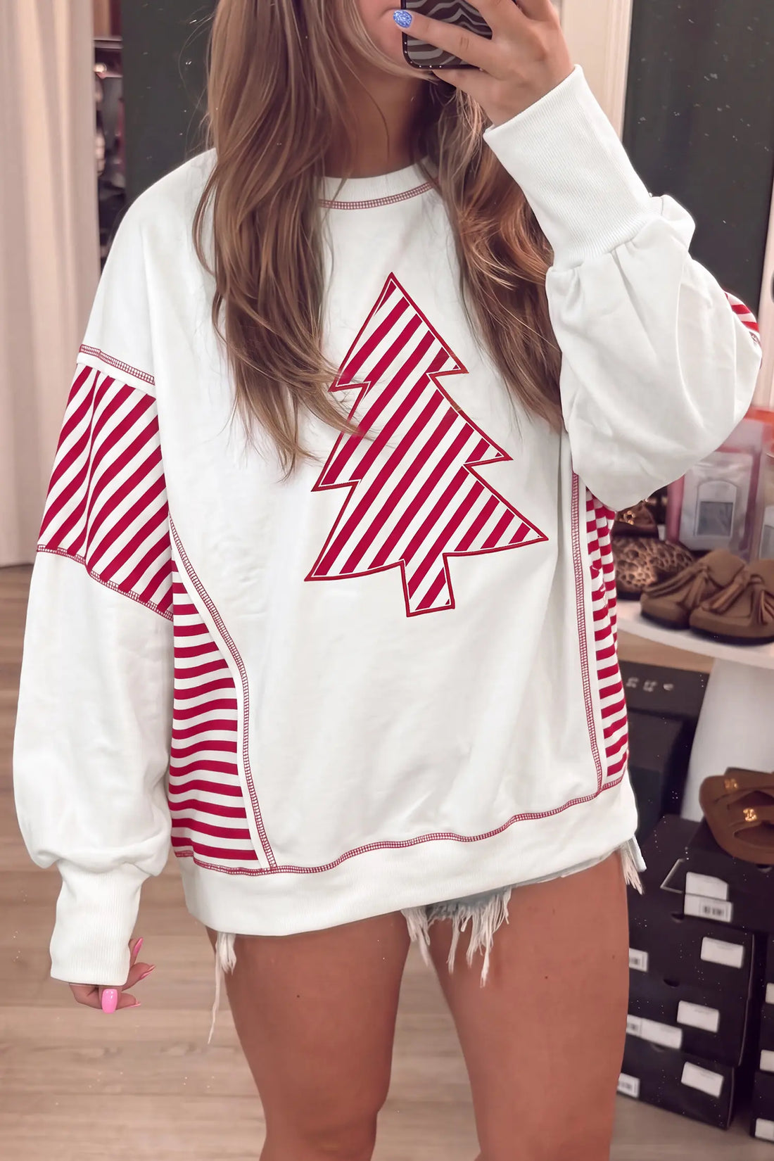 Striped Contrast Christmas Tree Patchwork Puff Sleeve Top