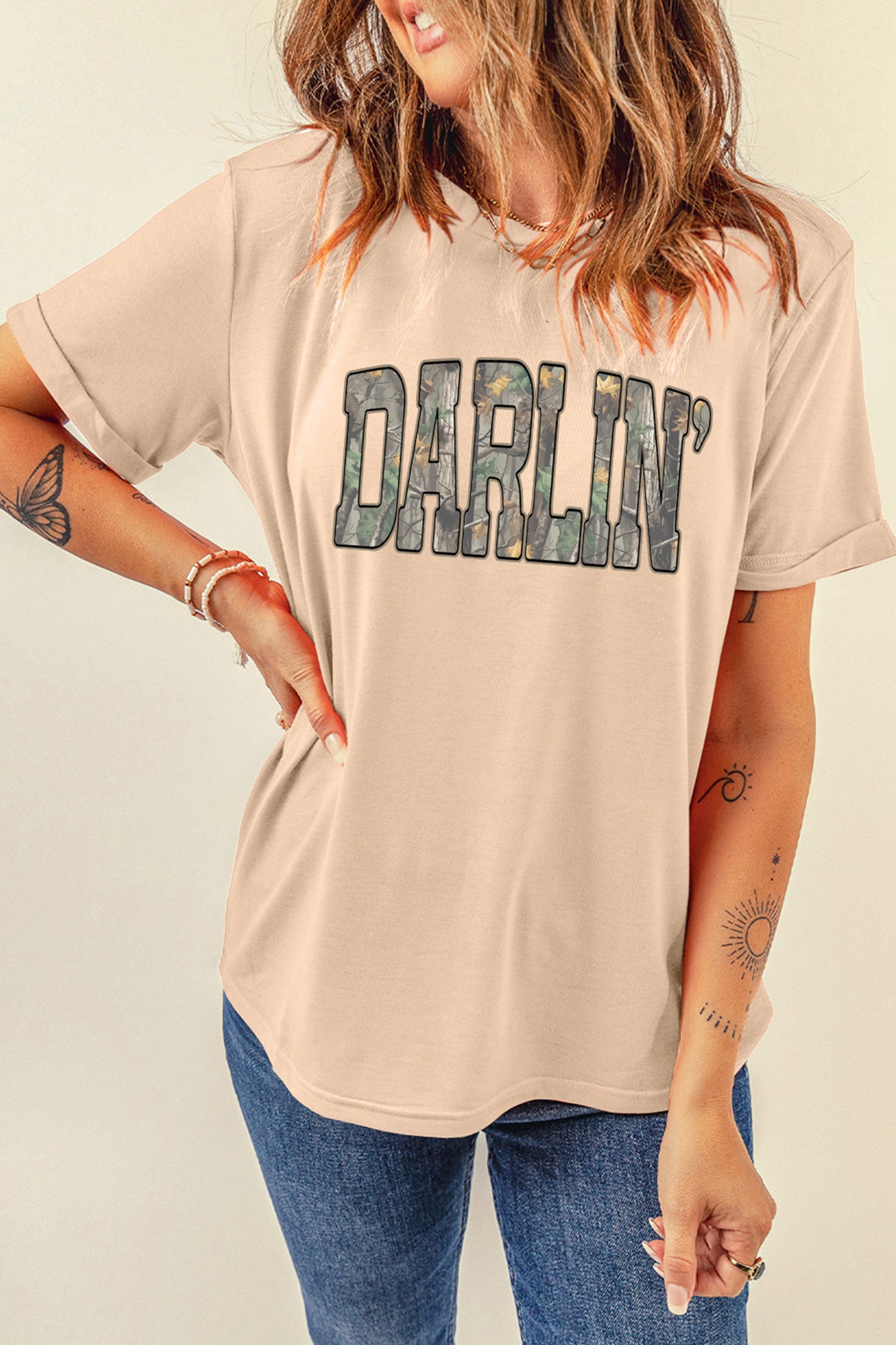 DARLIN Camo Letter Print Crewneck T Shirt – Khaki
