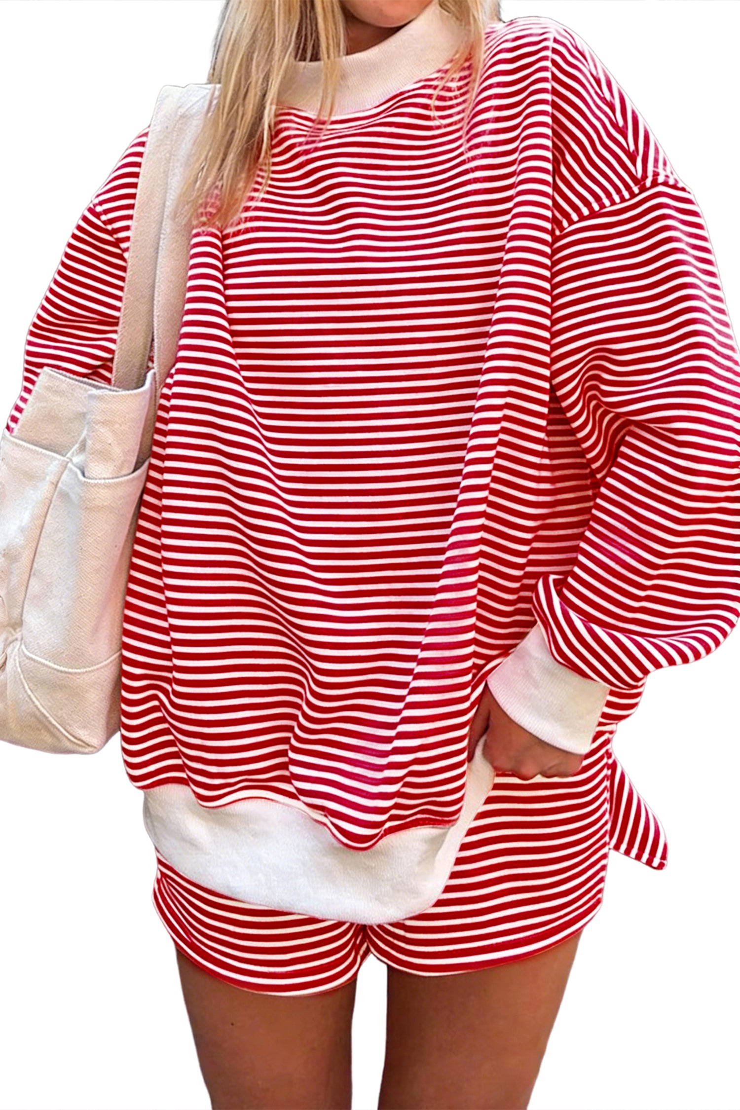 Oversize Mock Neck Sweatshirt and Shorts Set – Red Stripe