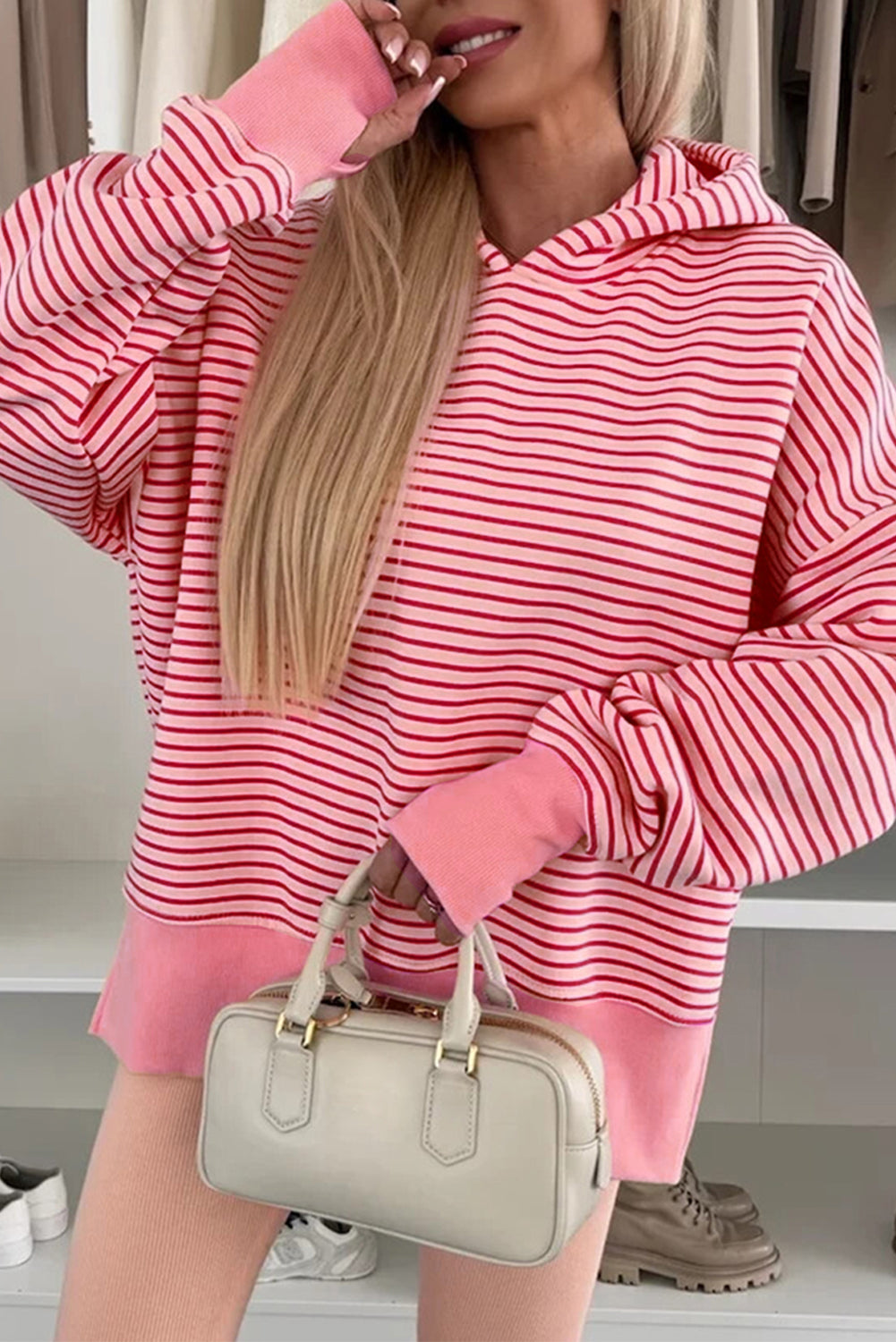 Stripe Thumbhole Side Slits Drop Shoulder Loose Fit Hoodie Dear-Lover Dropshipping