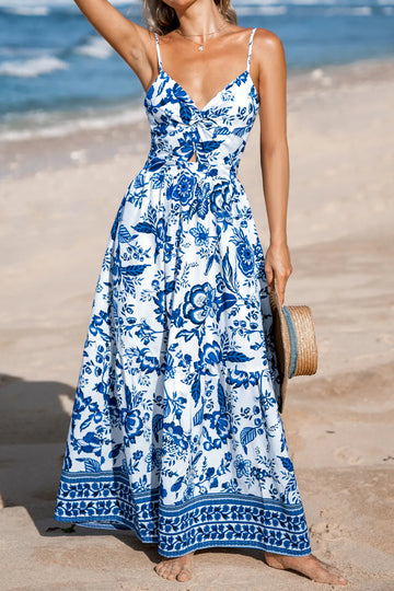 Twisted Bust Spaghetti Strap Backless Floral Maxi Dress