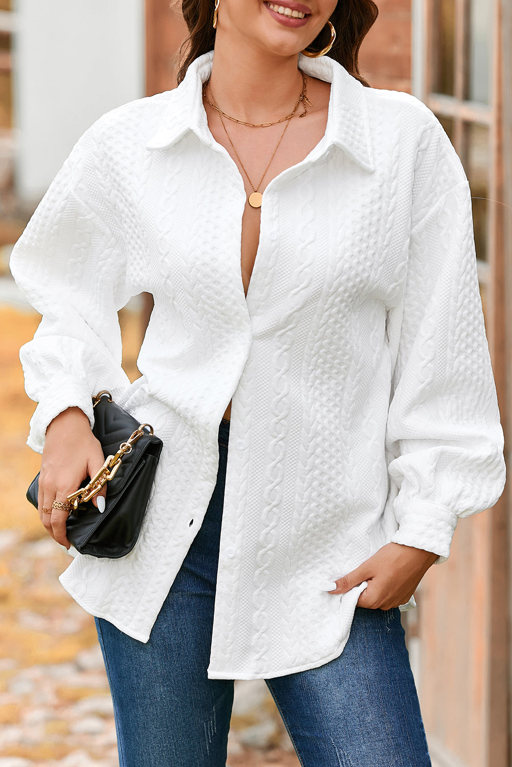 Textured Puff Sleeve Loose Shacket eAura