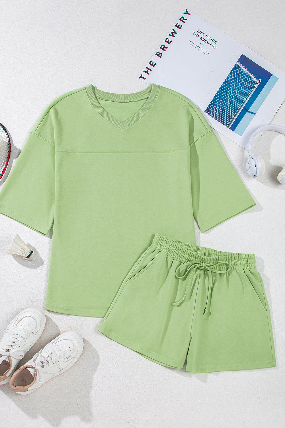 Meadow Mist Green Solid Loose V Neck Half Sleeve Tee and Shorts eAura