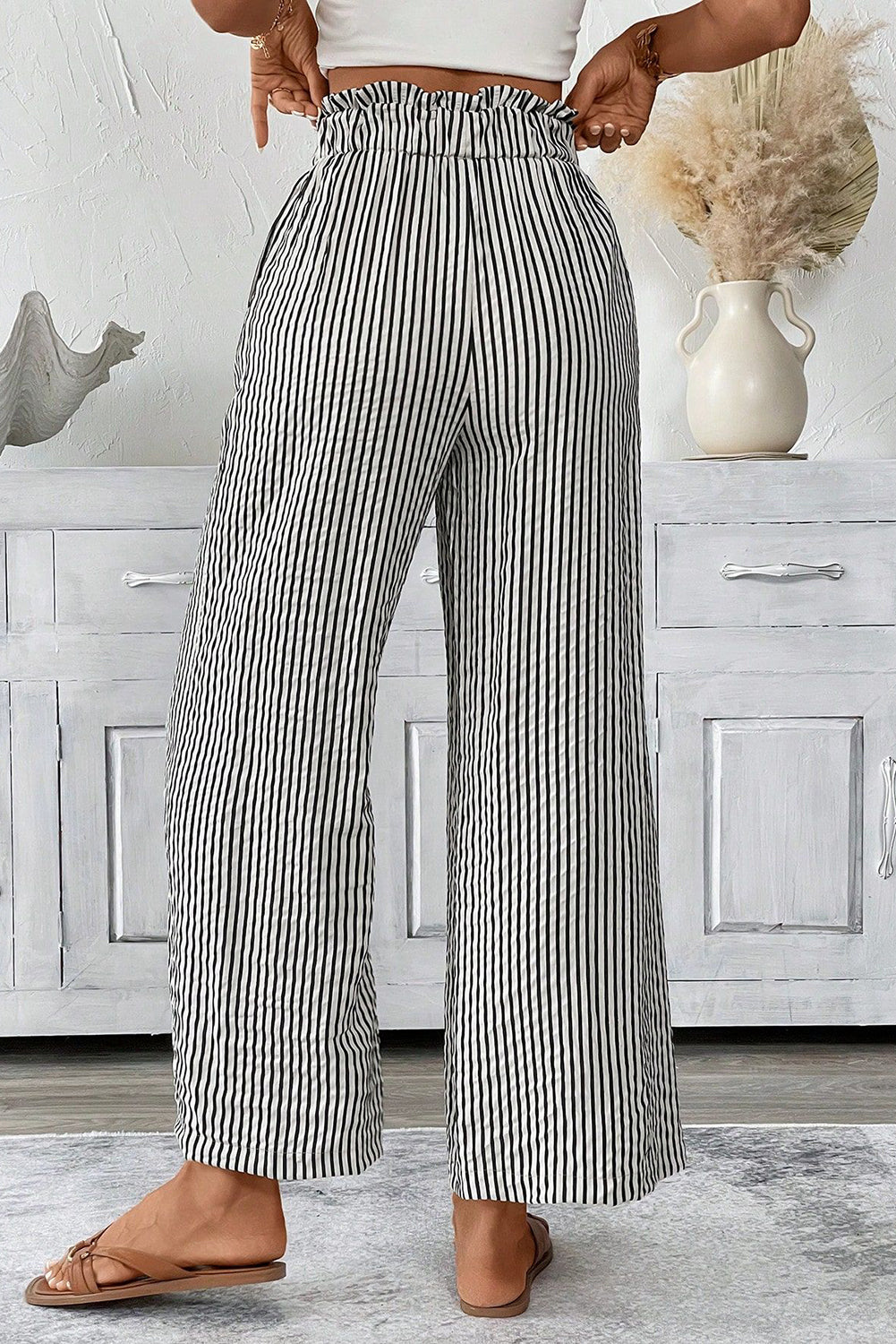 Stripe Tied High Waist Loose Straight Casual Pants - eAura