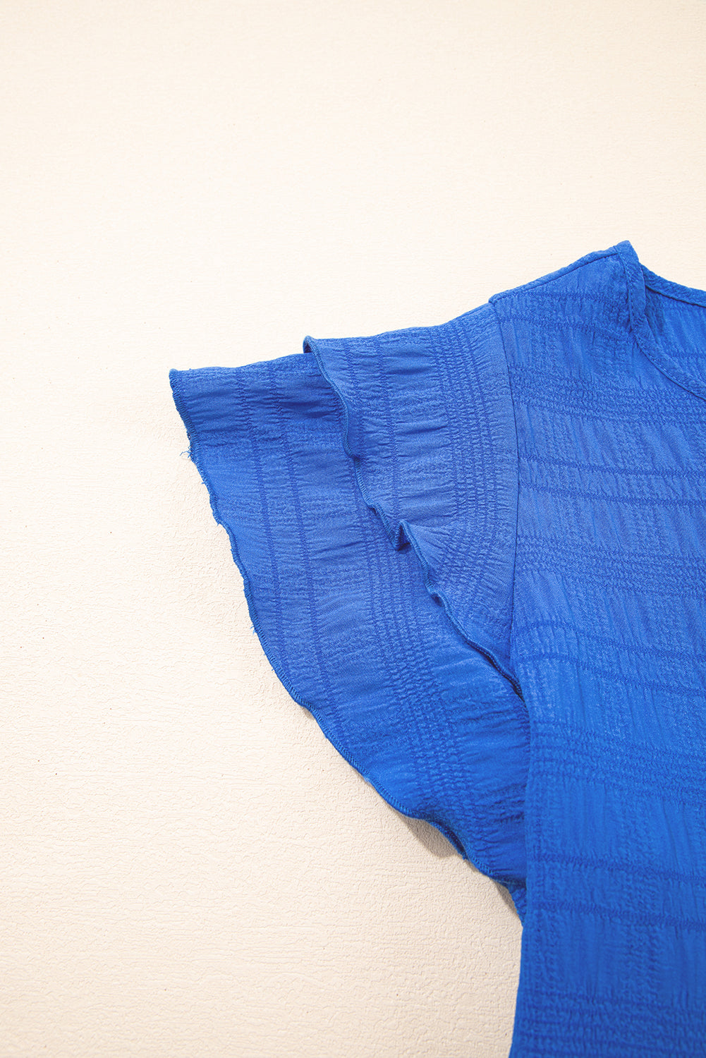 Dark Blue Textured Ruffled Sleeve Round Neck Top BB Fashion Outlet