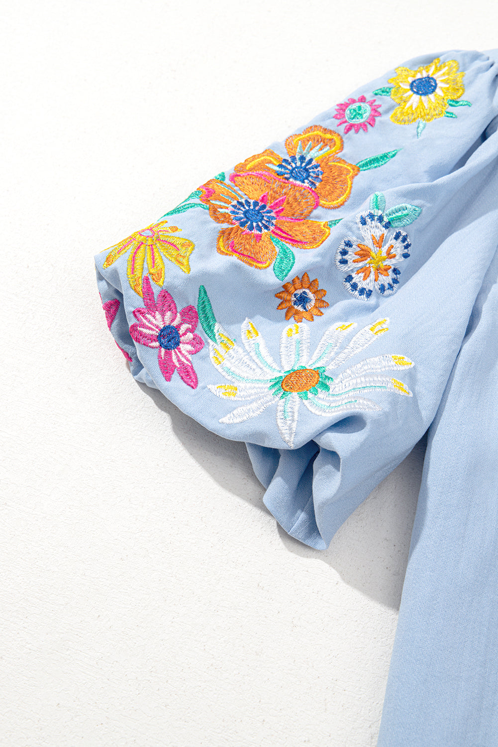 Floral Embroidered Puff Sleeve Split Neck Blouse eAura