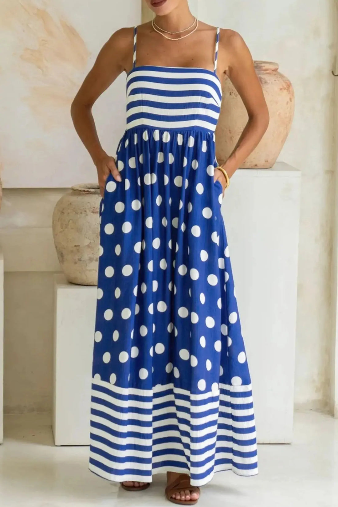 Striped Polka Dot Patchwork Maxi Dress – Blue