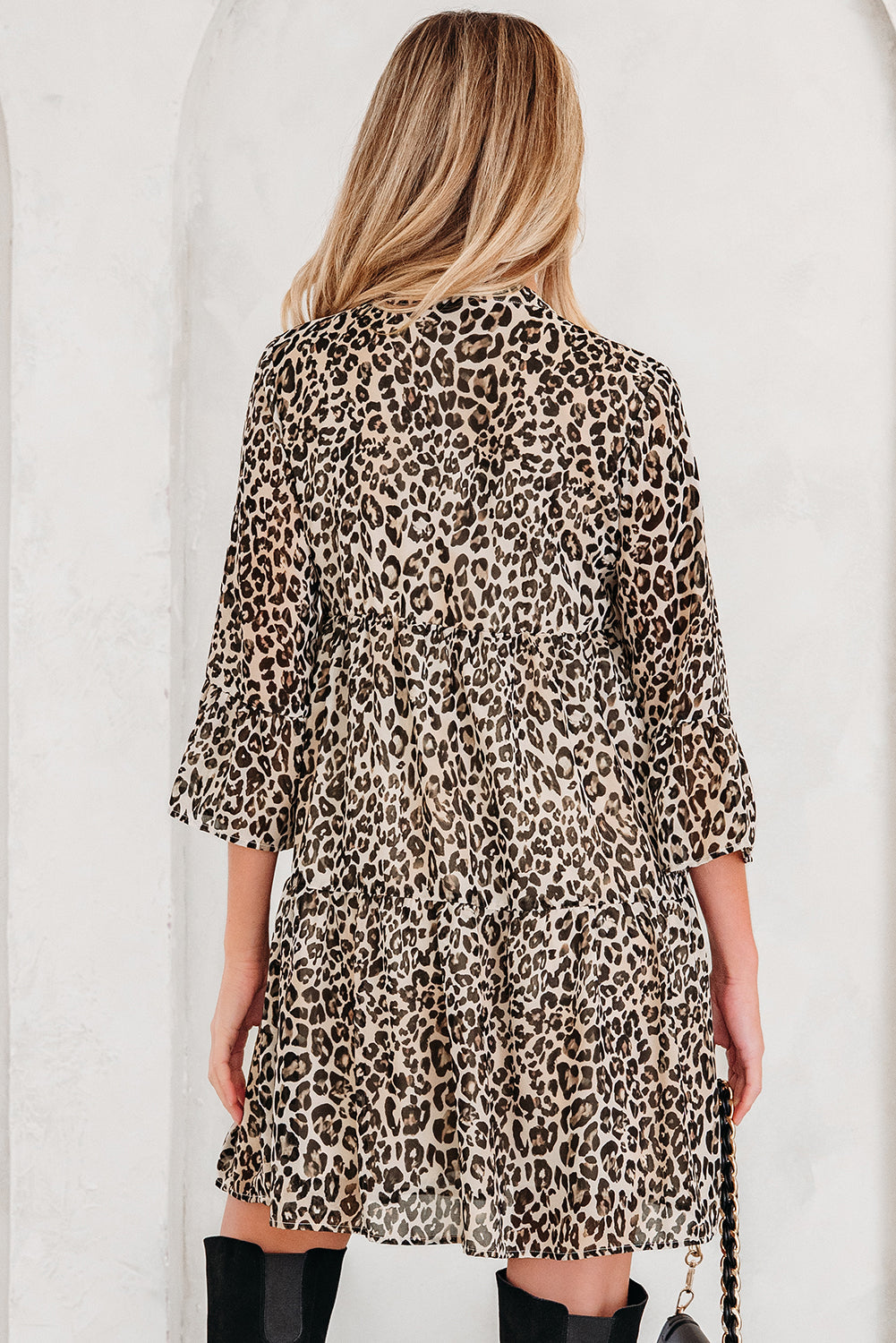 Leopard 3/4 Sleeve V-Neck Smock Dress - eAura