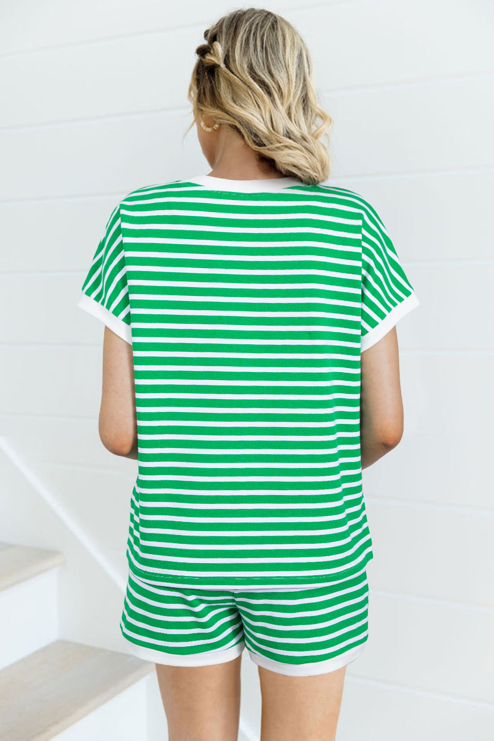 Dark Green Striped Cap Sleeve Tee and Shorts Set eAura