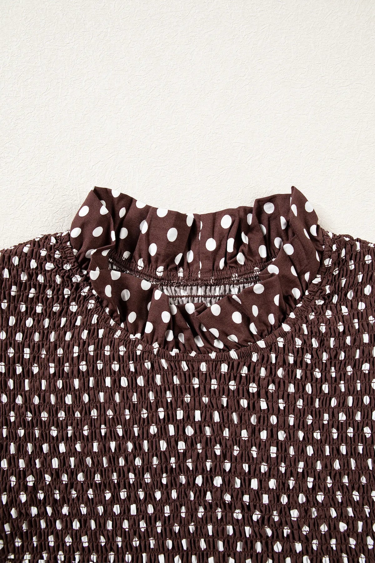 Polka Dot Ruffled High Neck Shirred Ruffle Hem Blouse – Brown