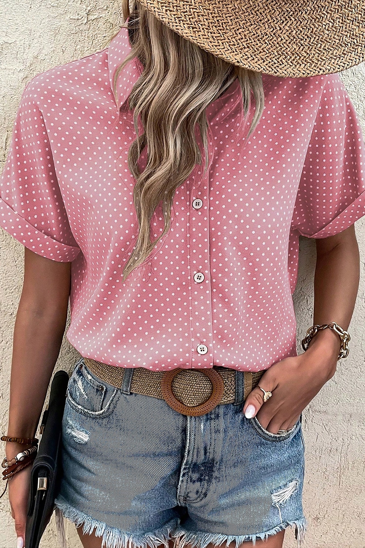 Dotted Print Cuffed Short Sleeve Shirt