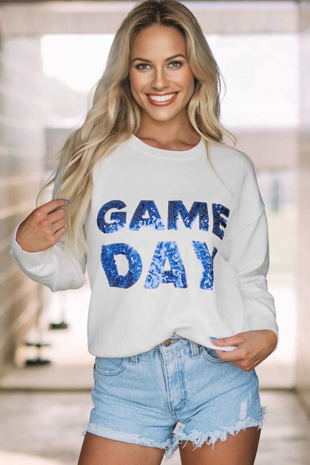 White Sequined GAME DAY Graphic Round Neck Sweater Dear-Lover Dropshipping