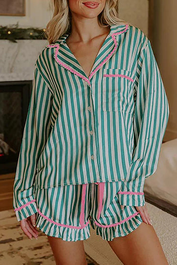 Contrast Ricrac Trim Long Sleeve Shirt Drawstring Ruffled Pajama Short Set – Green Stripe