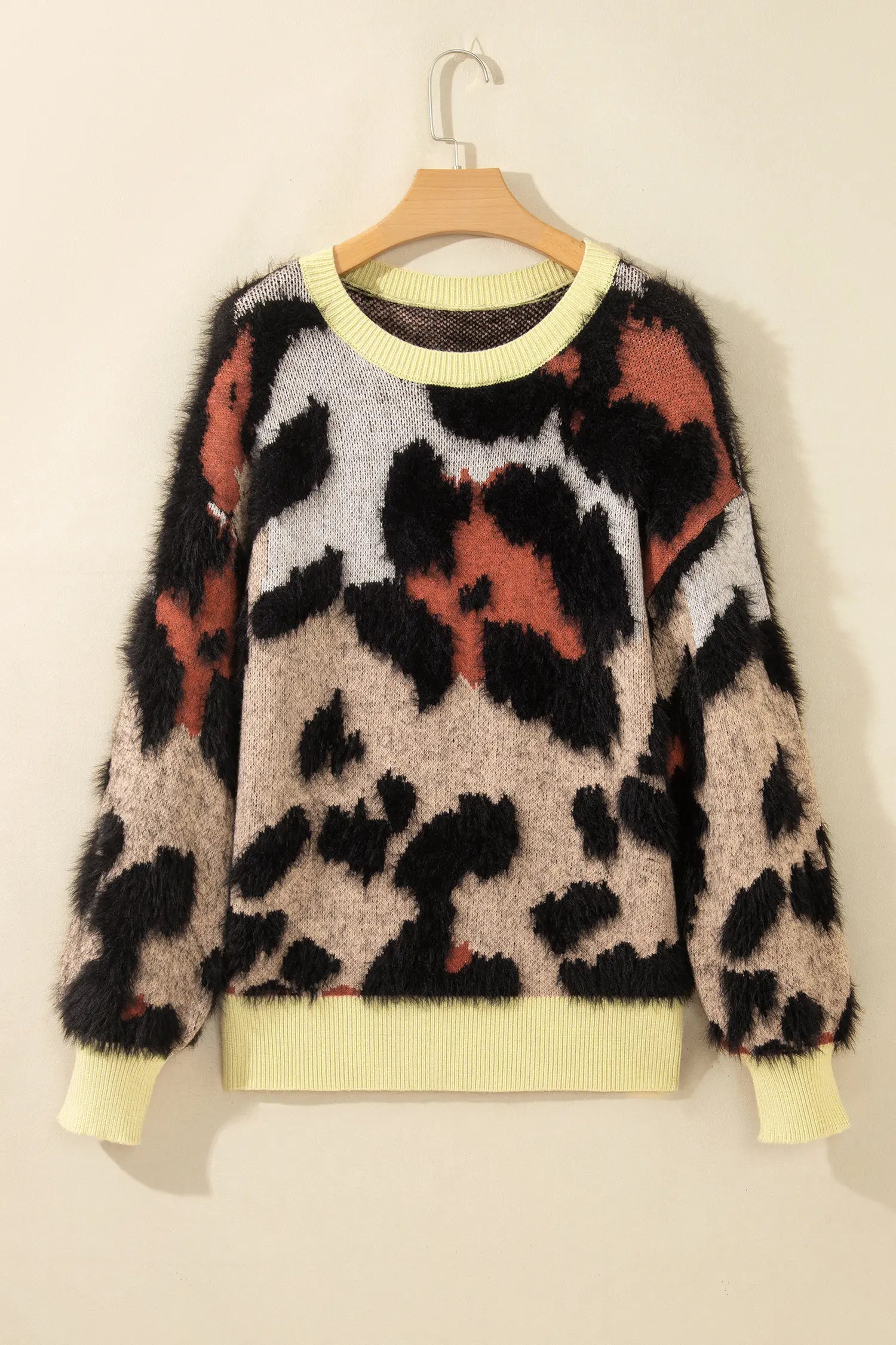 Leopard Print Drop Shoulder Long Sleeve Round Neck Sweater – Khaki
