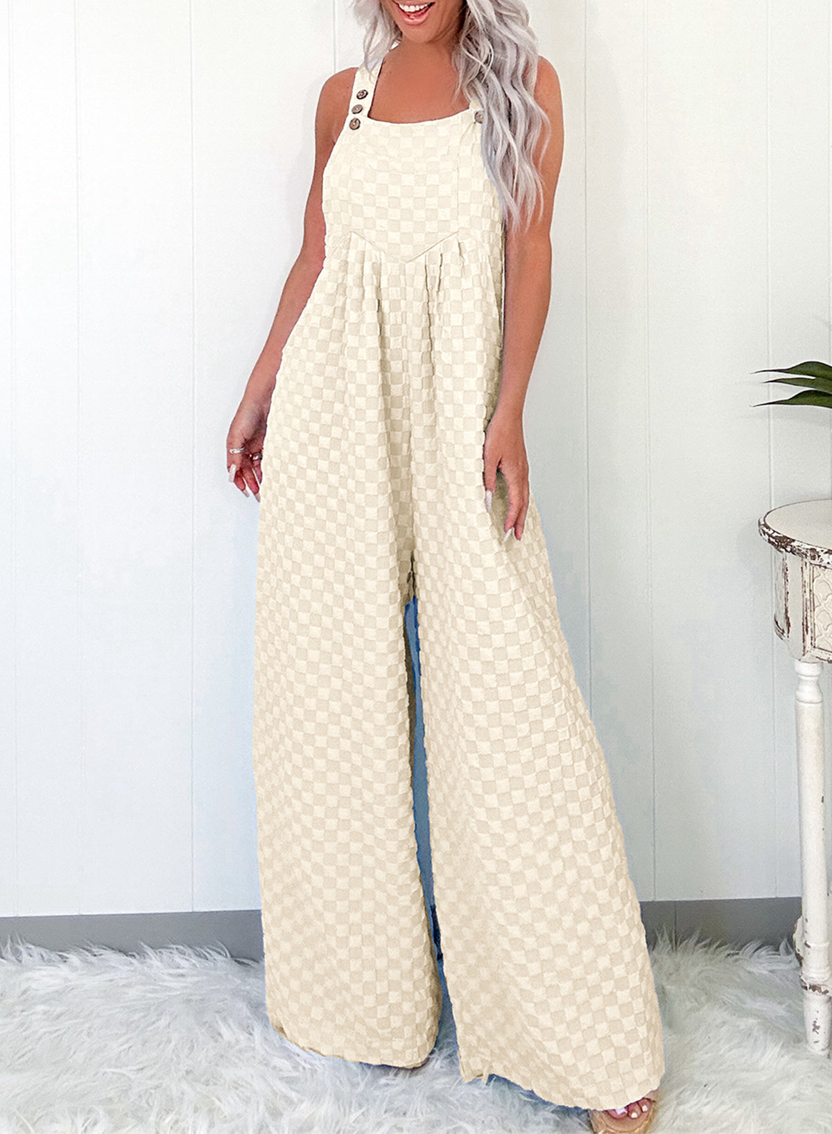 Beige Checkered Pocketed High Waist Wide Leg Overall eAura