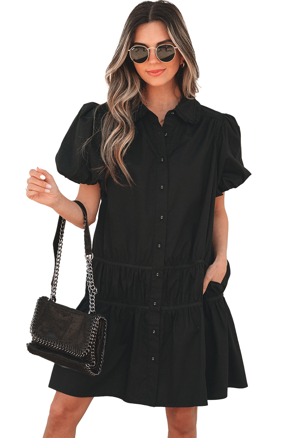 Black Shirt Style Button Down Puff Sleeve Ruffle Hem Dress eAura