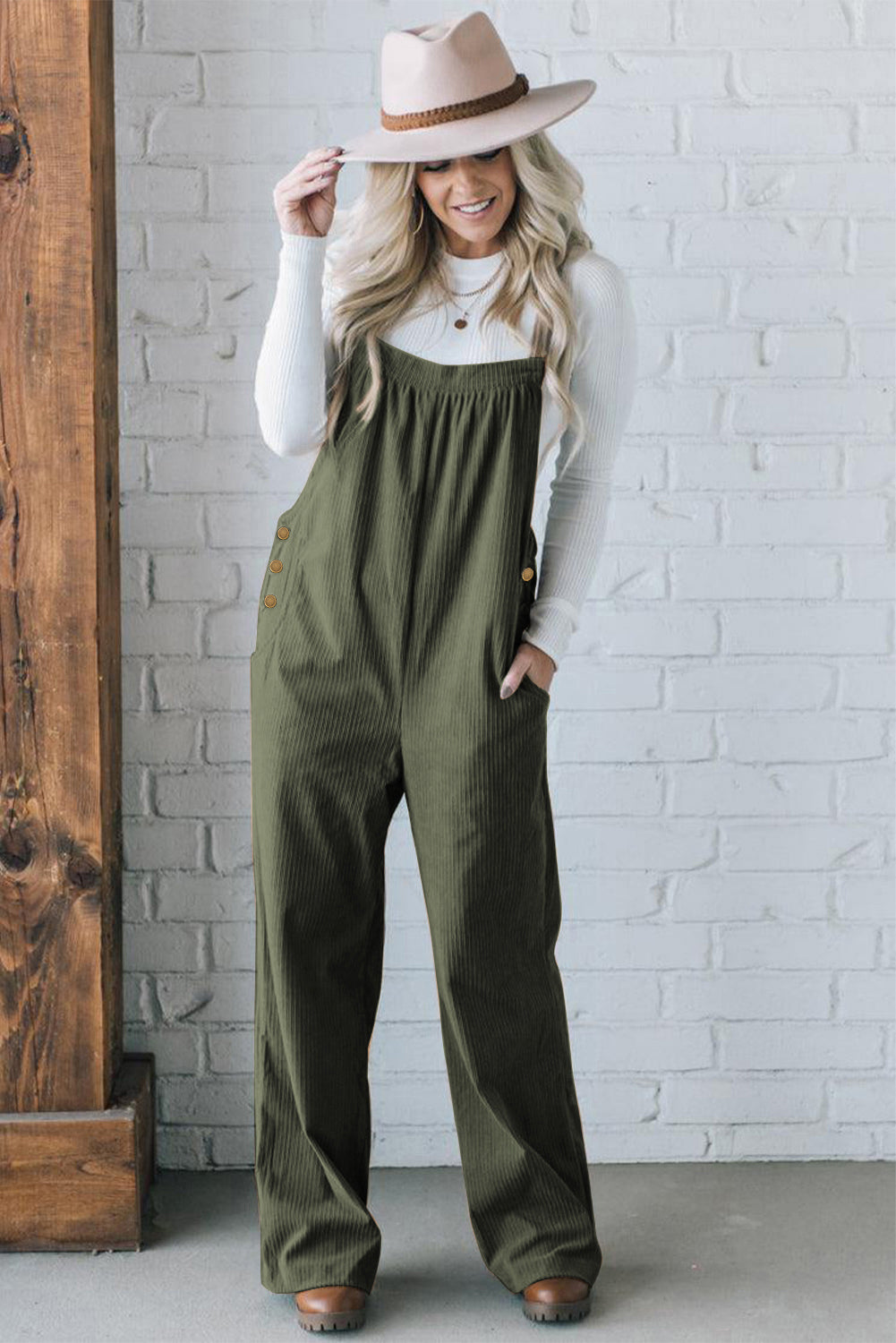 Button Adjustable Straps Solid Color Corduroy Jumpsuit – Jungle Green