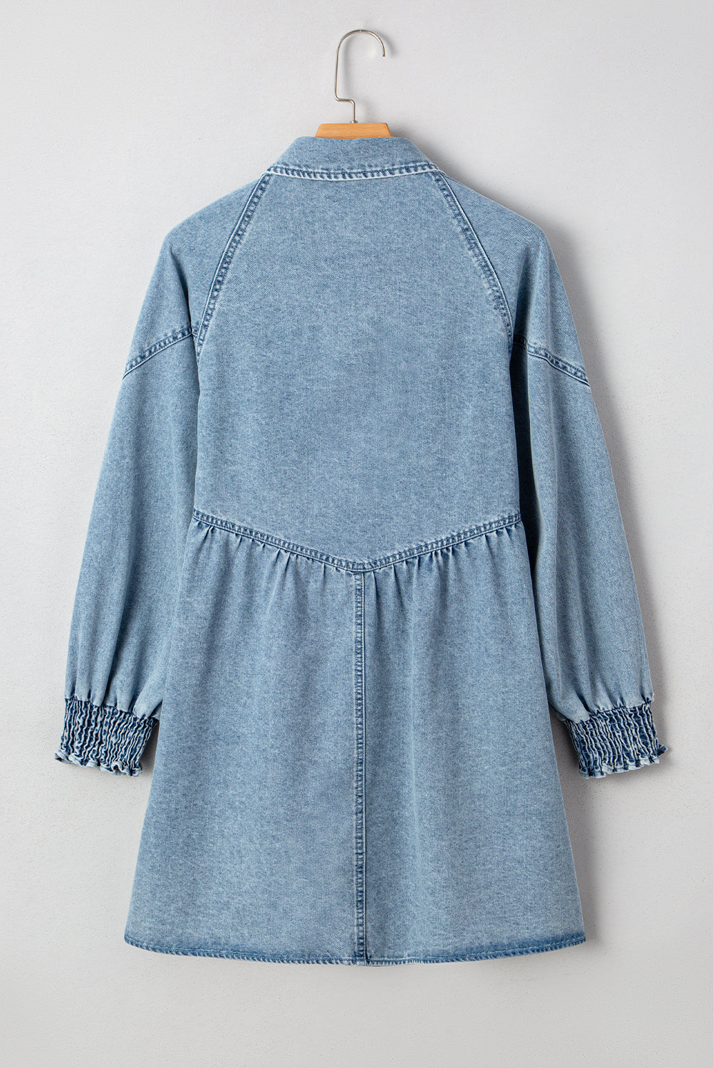 Smocked Cuffs Flared Denim Shirt Mini Dress - eAura