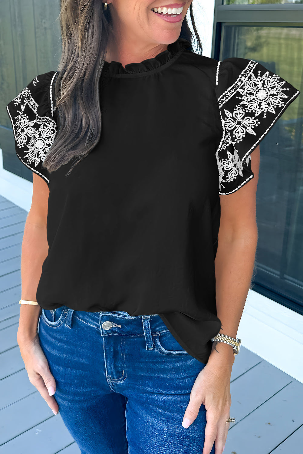 White Embroidered Ruffled Sleeve Frilled Collar Blouse eAura
