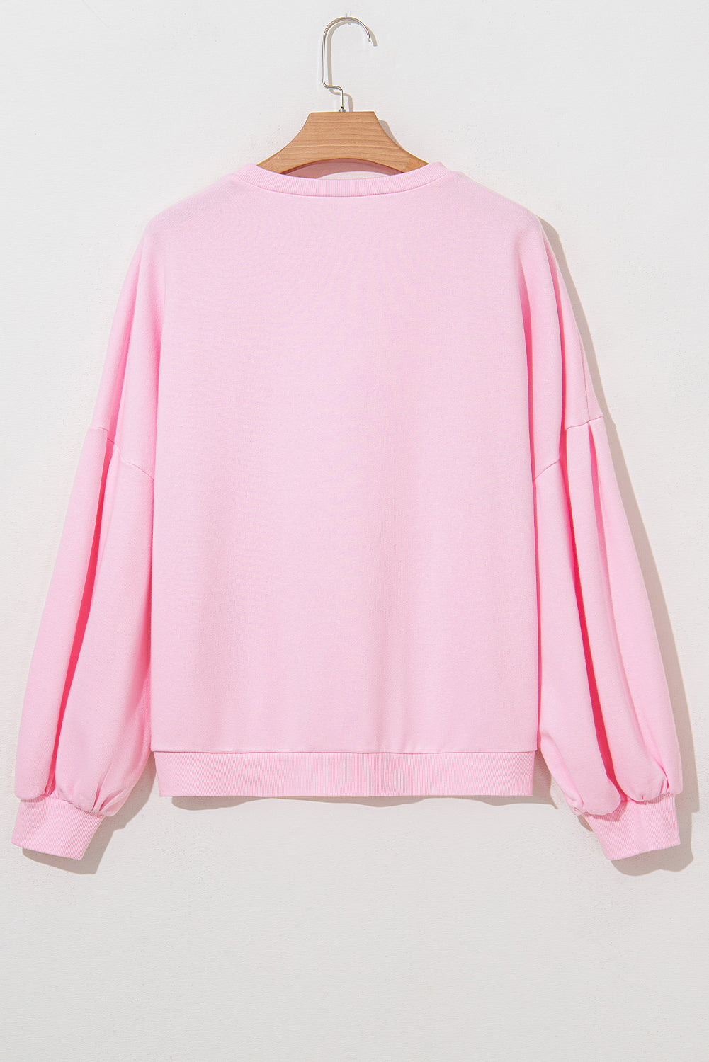Light Pink Embroidered Bow Lantern Sleeve Oversized Pullover Sweatshirt eAura