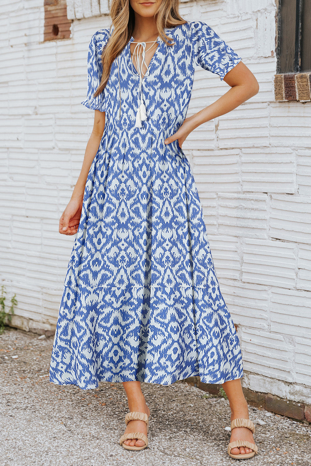 Pink V Neck Casual Geometric Print Maxi Dress eAura