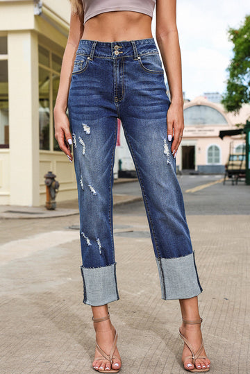 High Waist Distressed Straight Leg Jeans - eAura