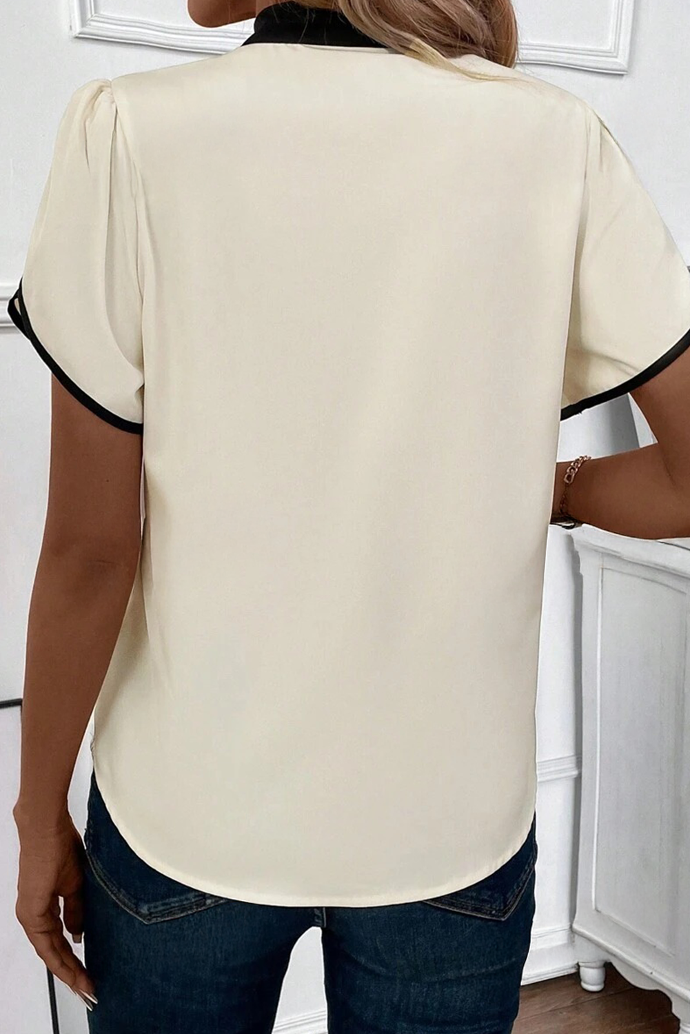 Bow Knot Neckline Contrast Stripe Short Sleeve Blouse eAura