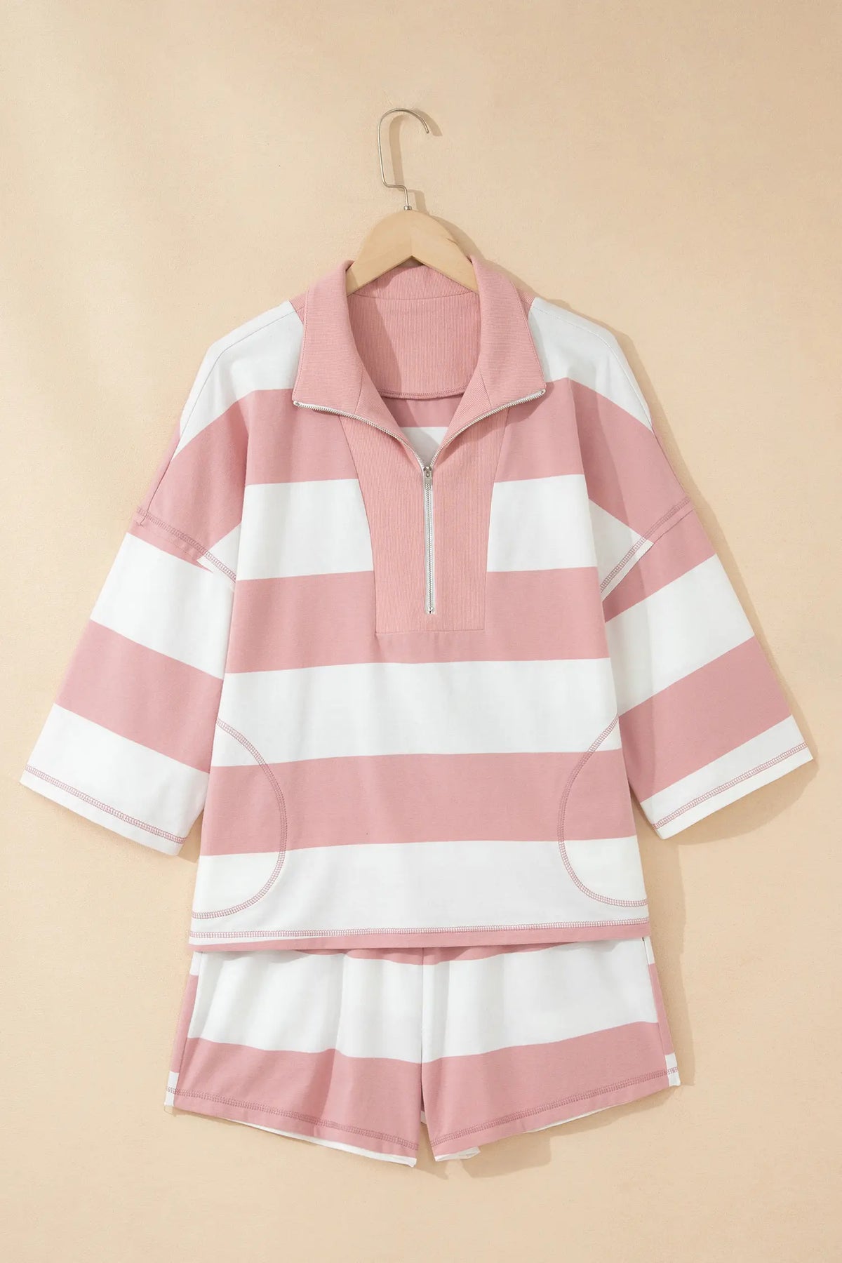 Half Zip Bracelet Sleeve Top Casual Short Set – Pink Stripe