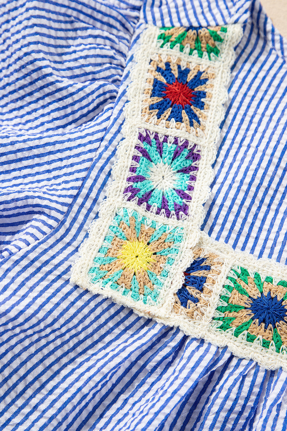 Sky Blue Stripe Textured Ruffle Short Sleeve Boho Detail Square Neck Blouse eAura