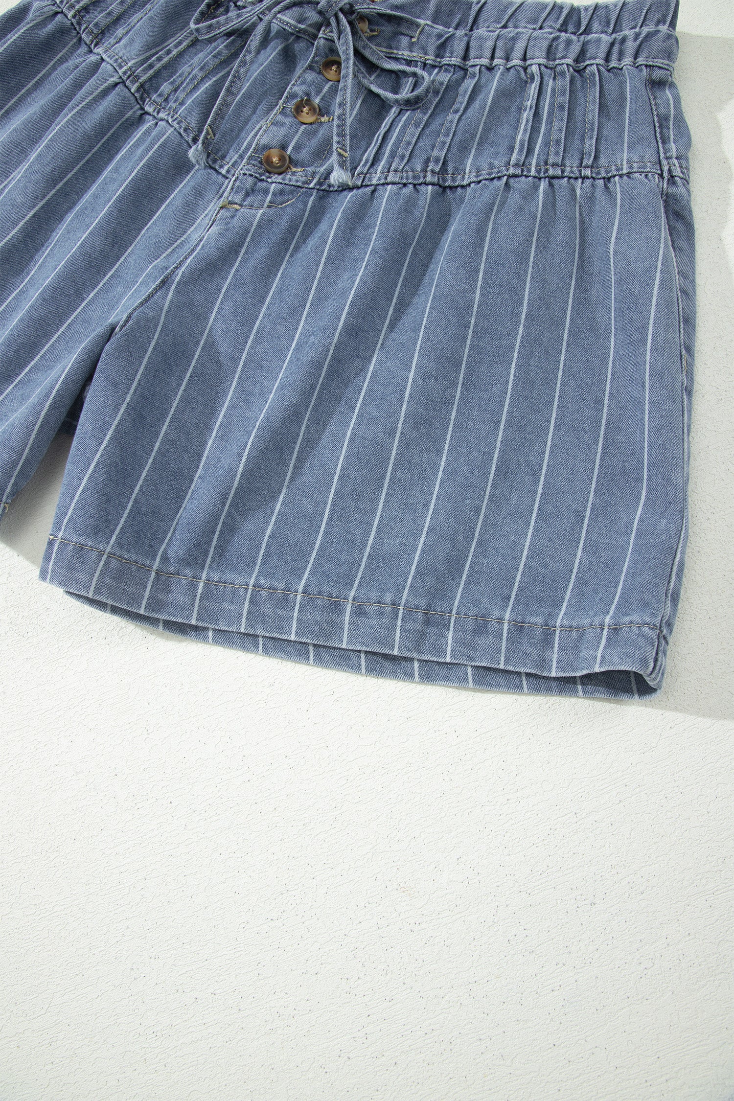 Sky Blue Stripe Drawstring Pleated High Waist Denim Shorts