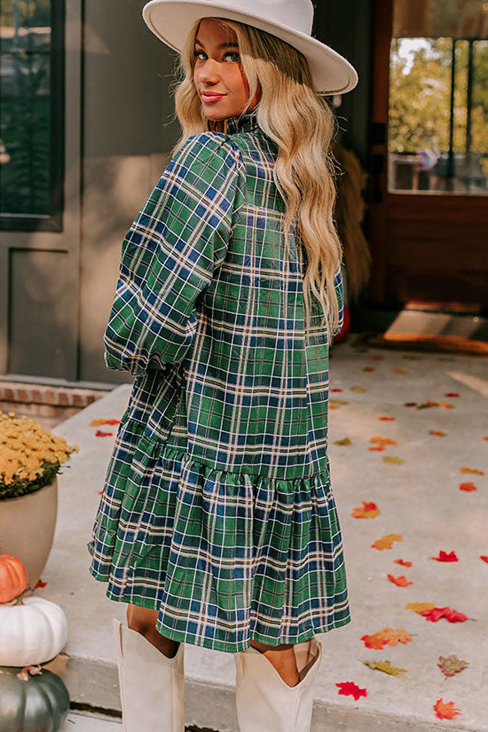 Green Plaid Print Frilly Collar Long Sleeve Shift Mini Dress eAura
