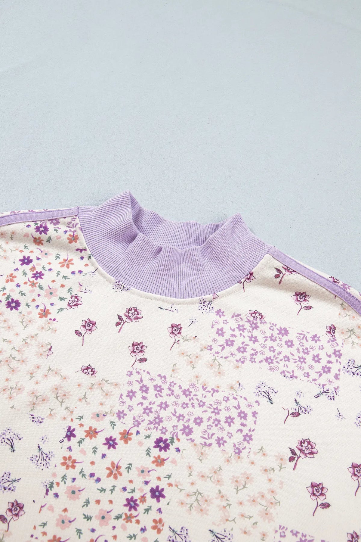 Floral Print High Neck Colourblock Sleeve Paneling Sweatshirt – Purple